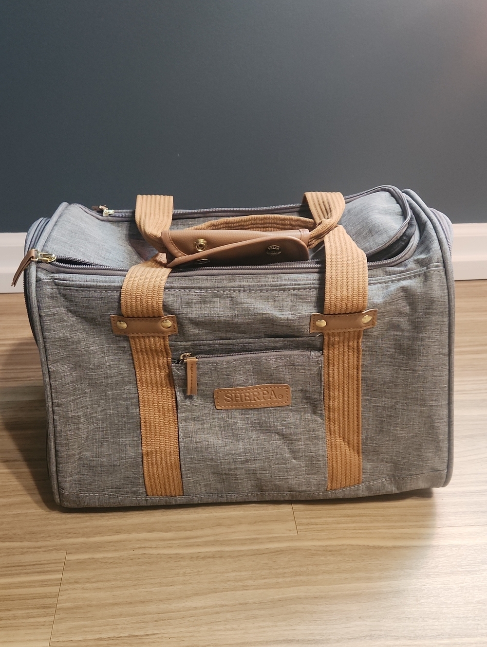 Sherpa Gray Pet Carrier with Tan Straps